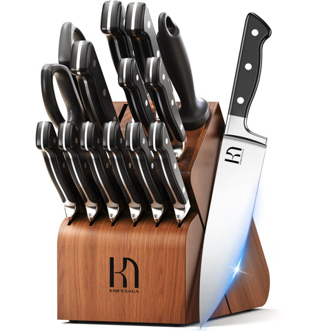 KnifeSaga 15-piece block set shown for organized kitchen preparation and easy access.