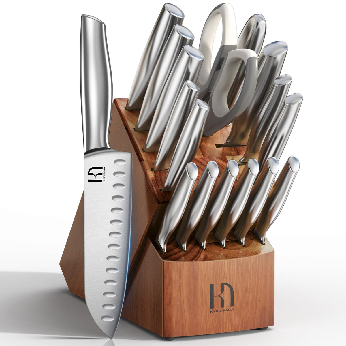KnifeSaga 17-piece knife set in a block for organized meal prep.