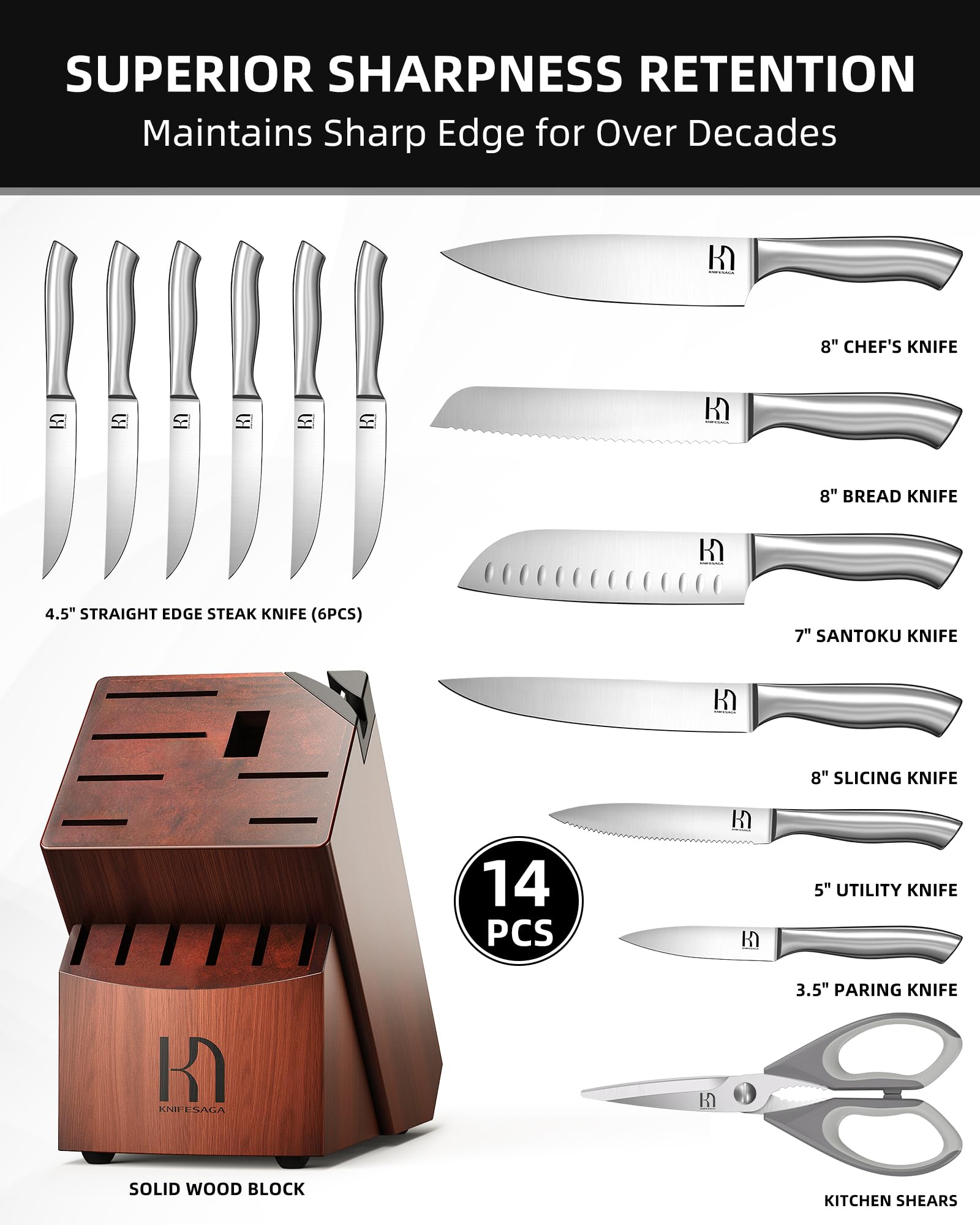 KnifeSaga 5-inch utility knife in block for everyday prep.