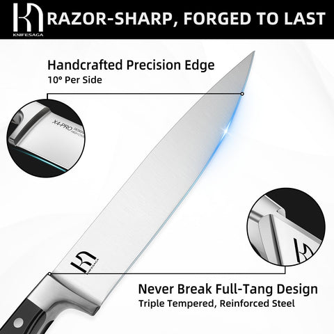 KnifeSaga 8in chef knife in block emphasizes precision cuts and quick reach.