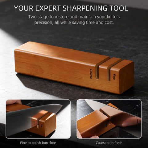 KnifeSaga dual-slot sharpener attached to block for on-demand maintenance