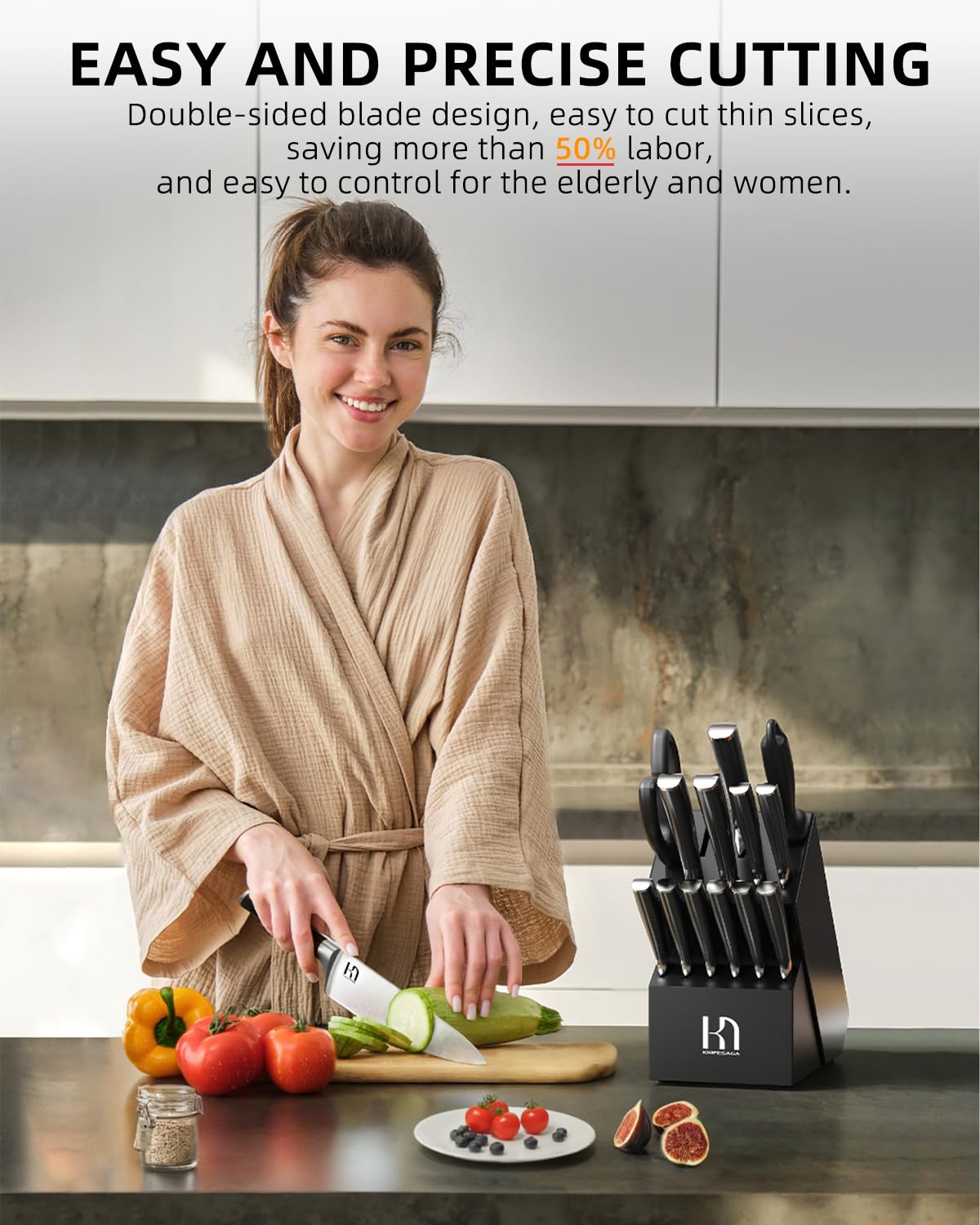 KnifeSaga fifteen-piece set arranged in black acacia block for versatility
