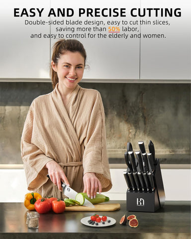 KnifeSaga fifteen-piece set arranged in black acacia block for versatility