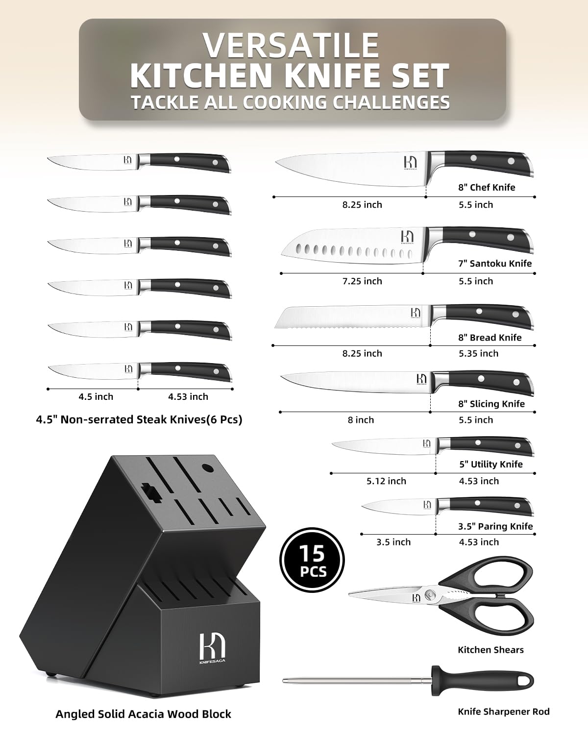 KnifeSaga kitchen shears and sharpener included for maintenance