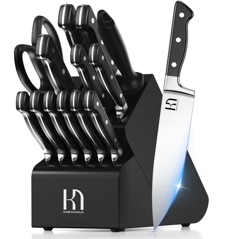 KnifeSaga knife set in block with sharpener for organized storage and easy edge maintenance.