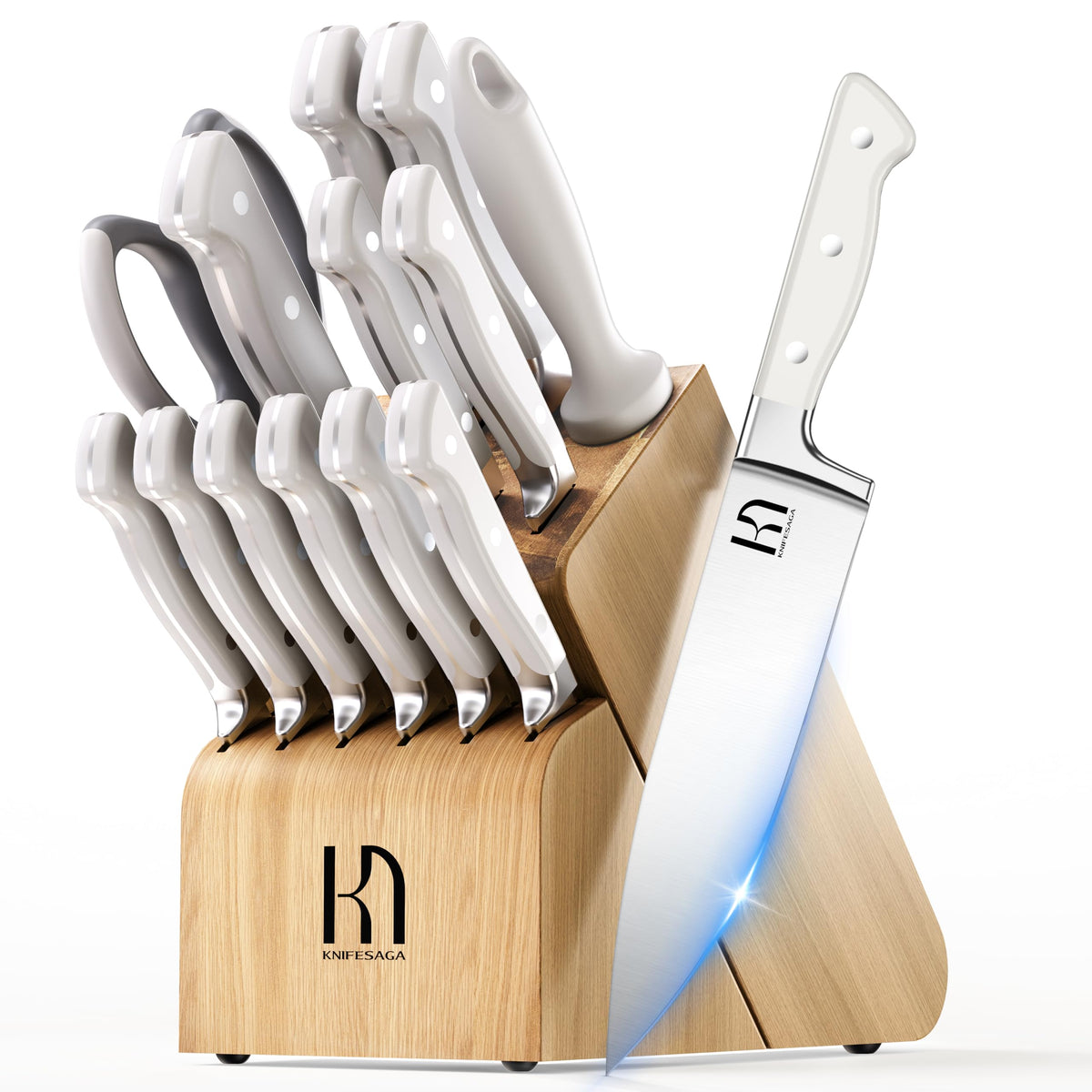 KnifeSaga knife set block on counter shows full-tang craftsmanship and durable design