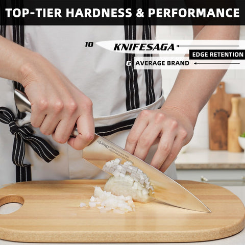 KnifeSaga Phantom Iris X5 8-inch chef knife in block for precise slicing