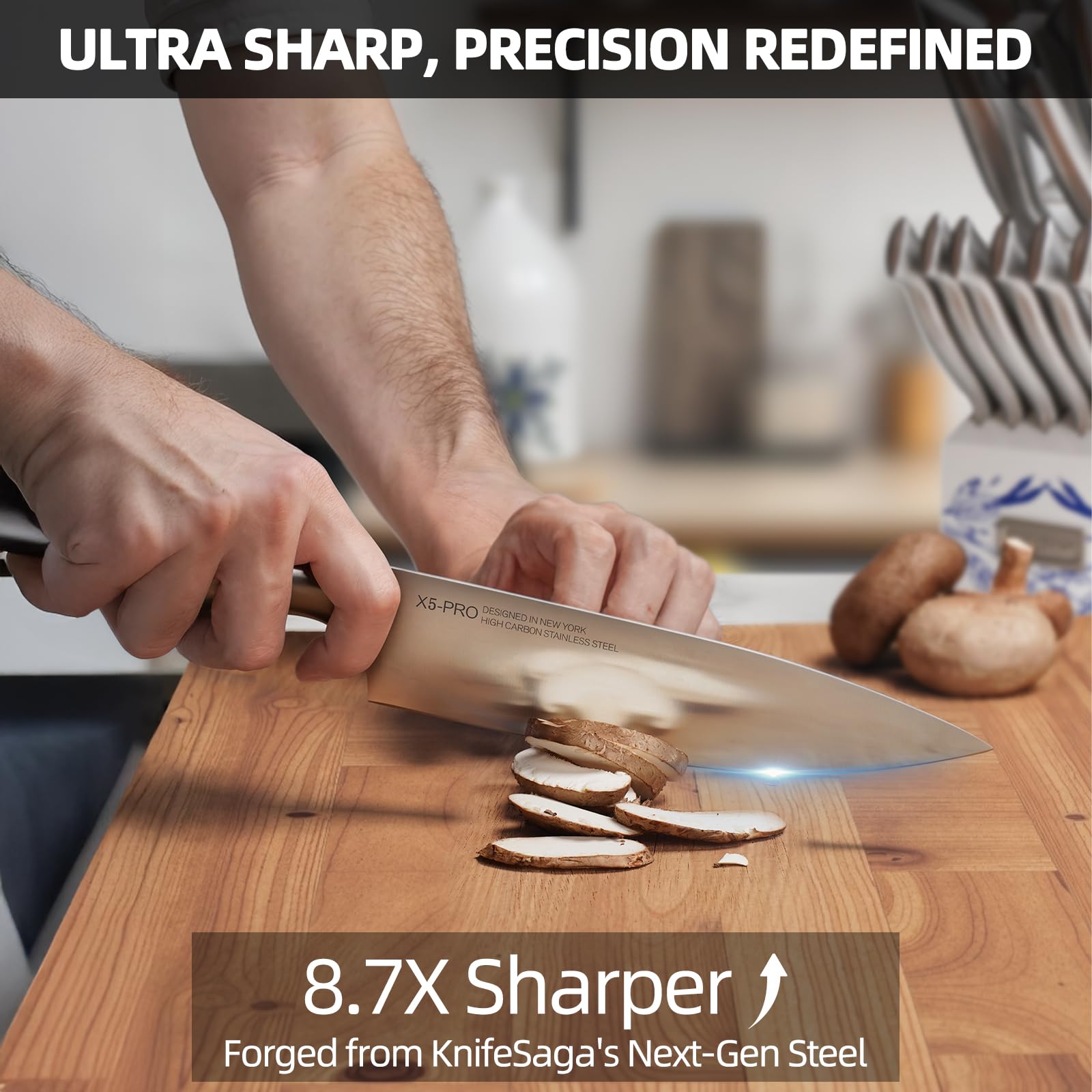 KnifeSaga Phantom Iris X5 blades close-up highlights high-carbon stainless steel sharpness