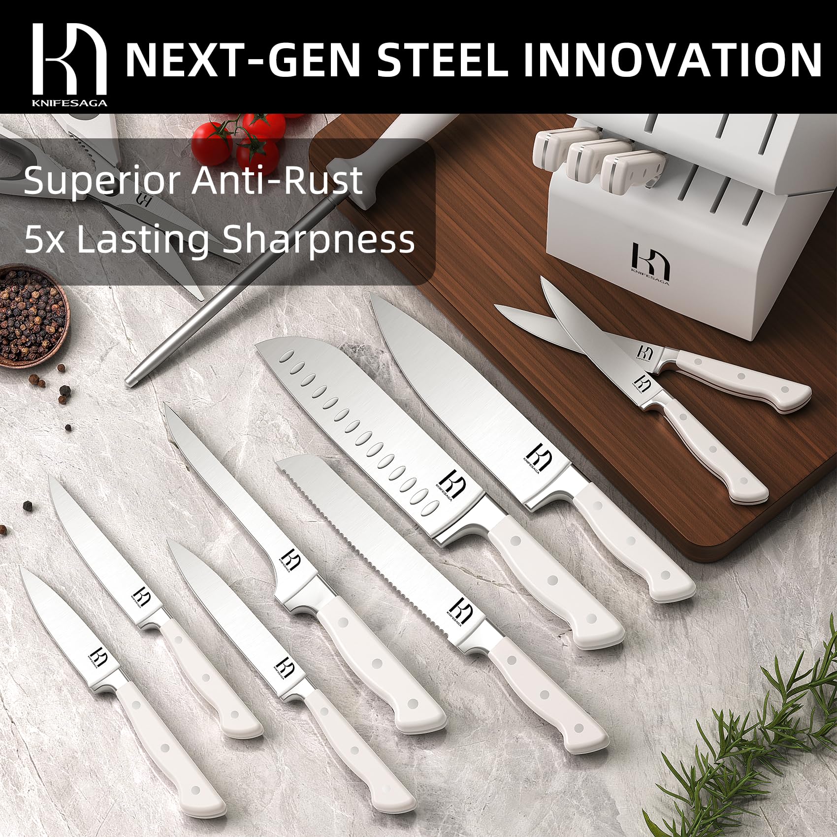 KnifeSaga 7-inch santoku knife for versatile chopping and delicate slicing.