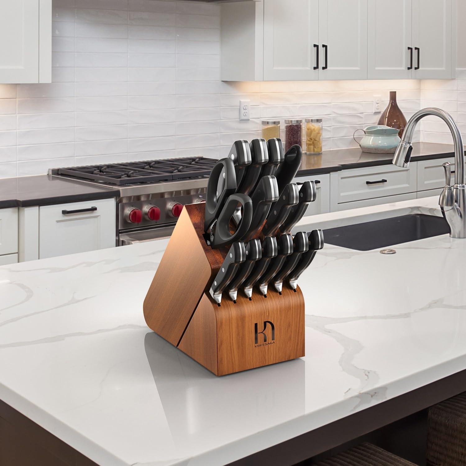 KnifeSaga sharpening steel included in block for quick edge refresh.