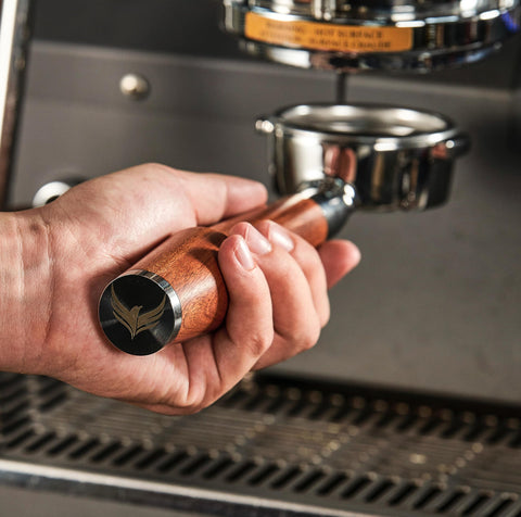 KNODOS 54mm bottomless portafilter with rosewood handle for precise, leak-free extraction