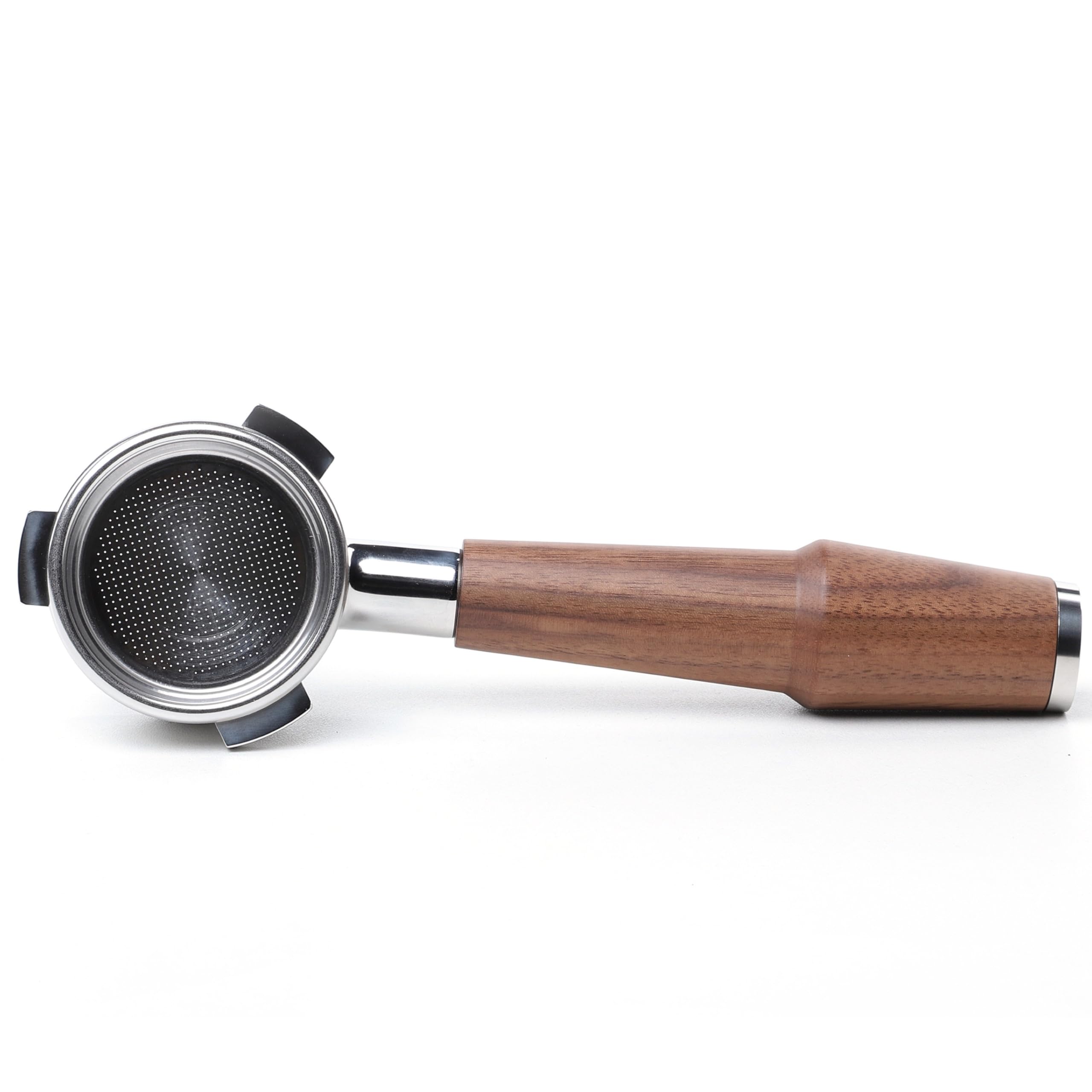 KNODOS 54mm bottomless portafilter with walnut handle shows real-time extraction for technique refinement.