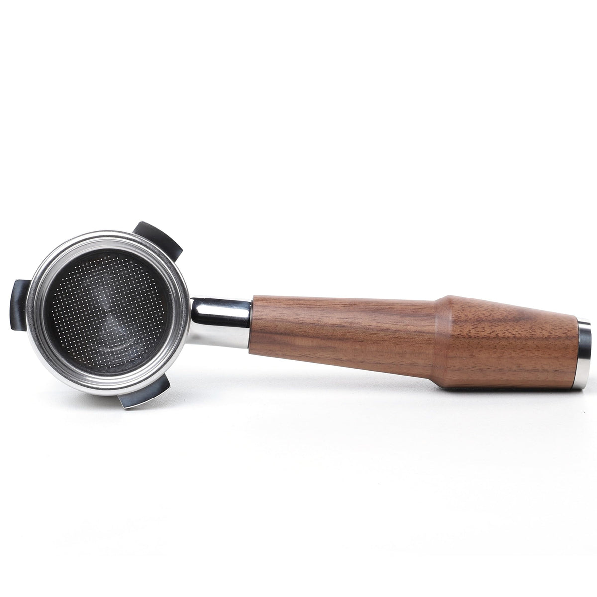 KNODOS 54mm bottomless portafilter with walnut handle shows real-time extraction for technique refinement.