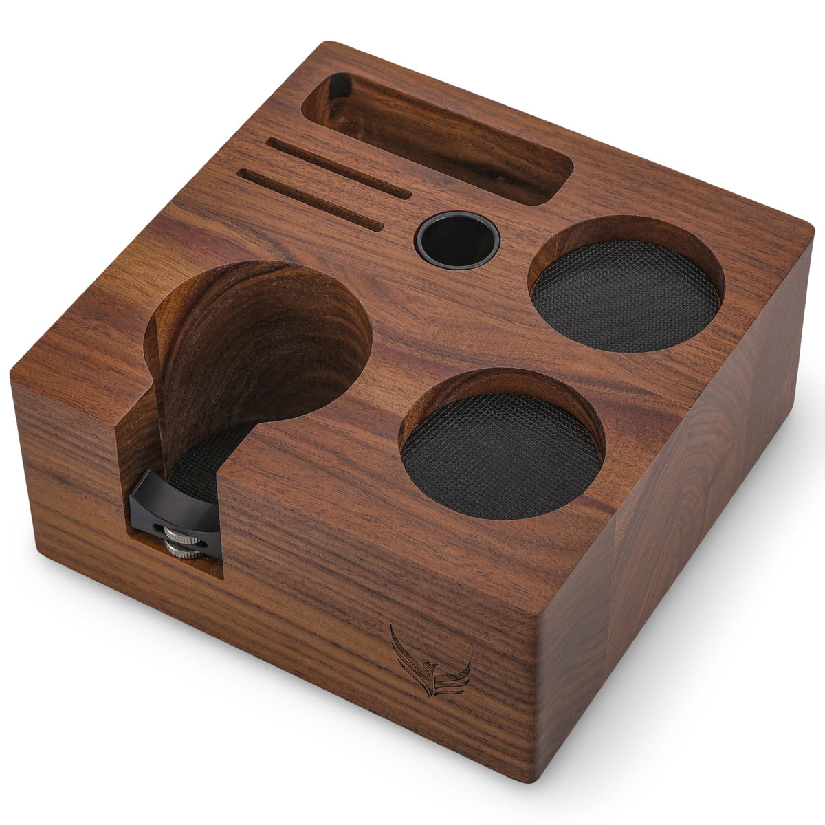 KNODOS 58mm tamper station in walnut holding tampers for tidy workflow
