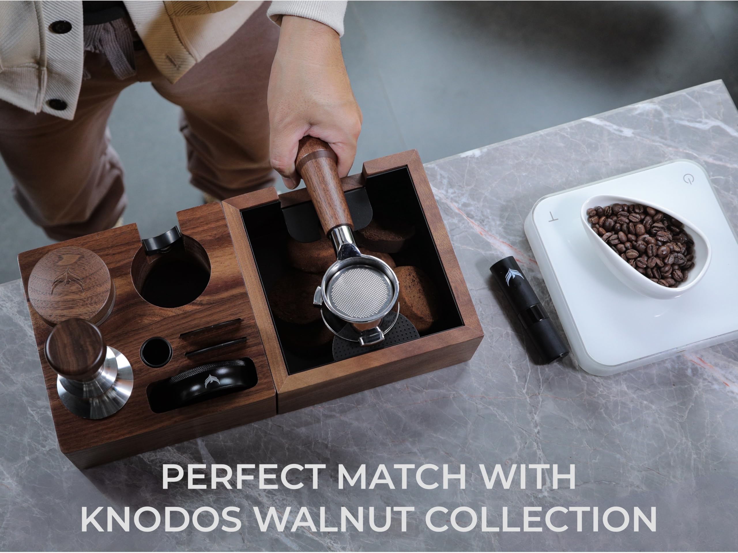 KNODOS dosing funnel and WDT tools neatly stored for puck prep