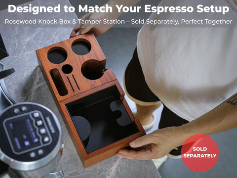 KNODOS espresso accessories organizer in use keeps tamper and tools within reach.