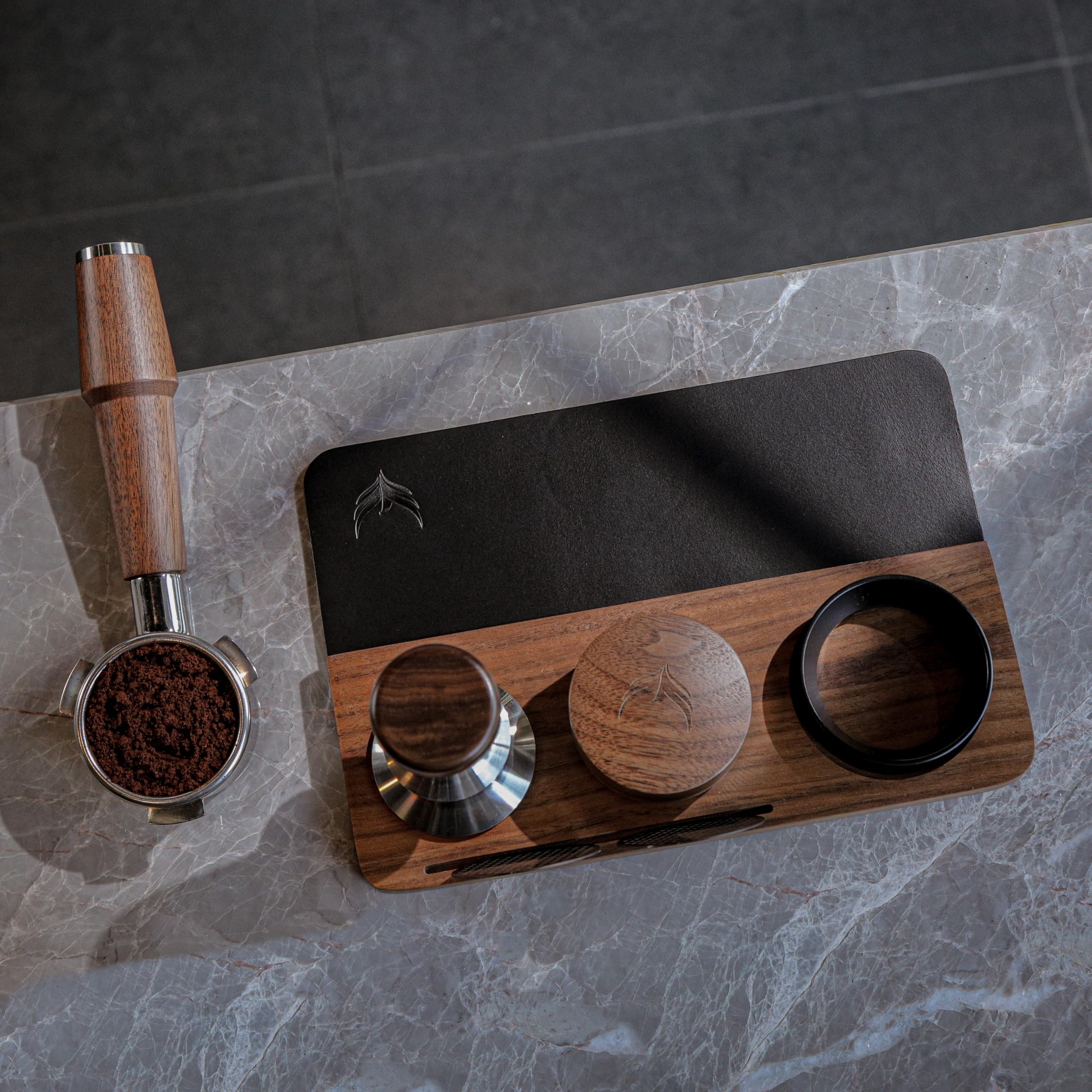 KNODOS espresso tool organizer in walnut and leather adds elegant station storage.
