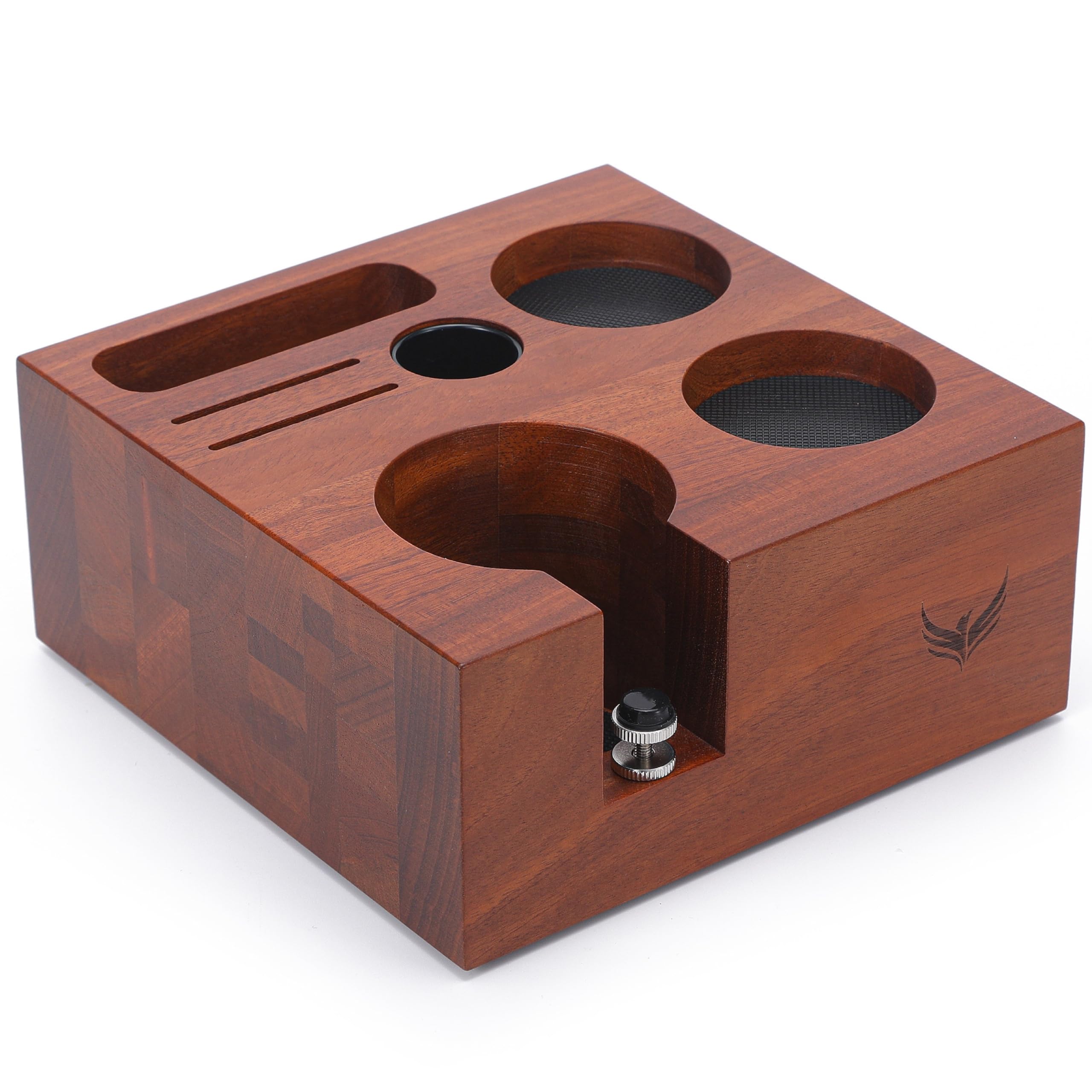 KNODOS rosewood 54mm tamping station side view enhances organized workflow.