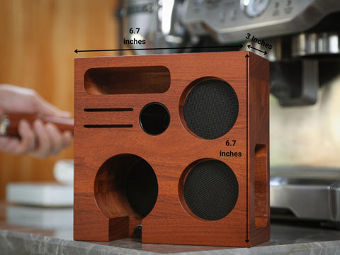 KNODOS rosewood 54mm tamping station top view highlights sleek surface.