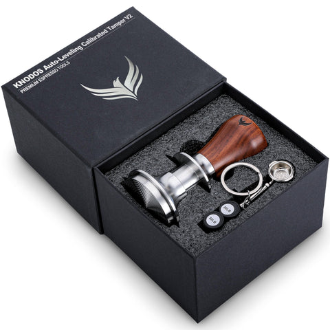KNODOS rosewood espresso tamper with auto leveling for consistent tamping.