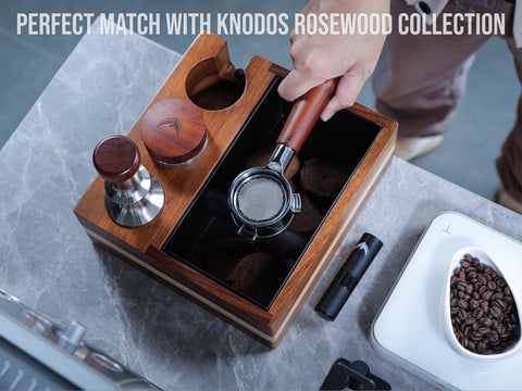 KNODOS rosewood handle provides warm, ergonomic grip during tamping
