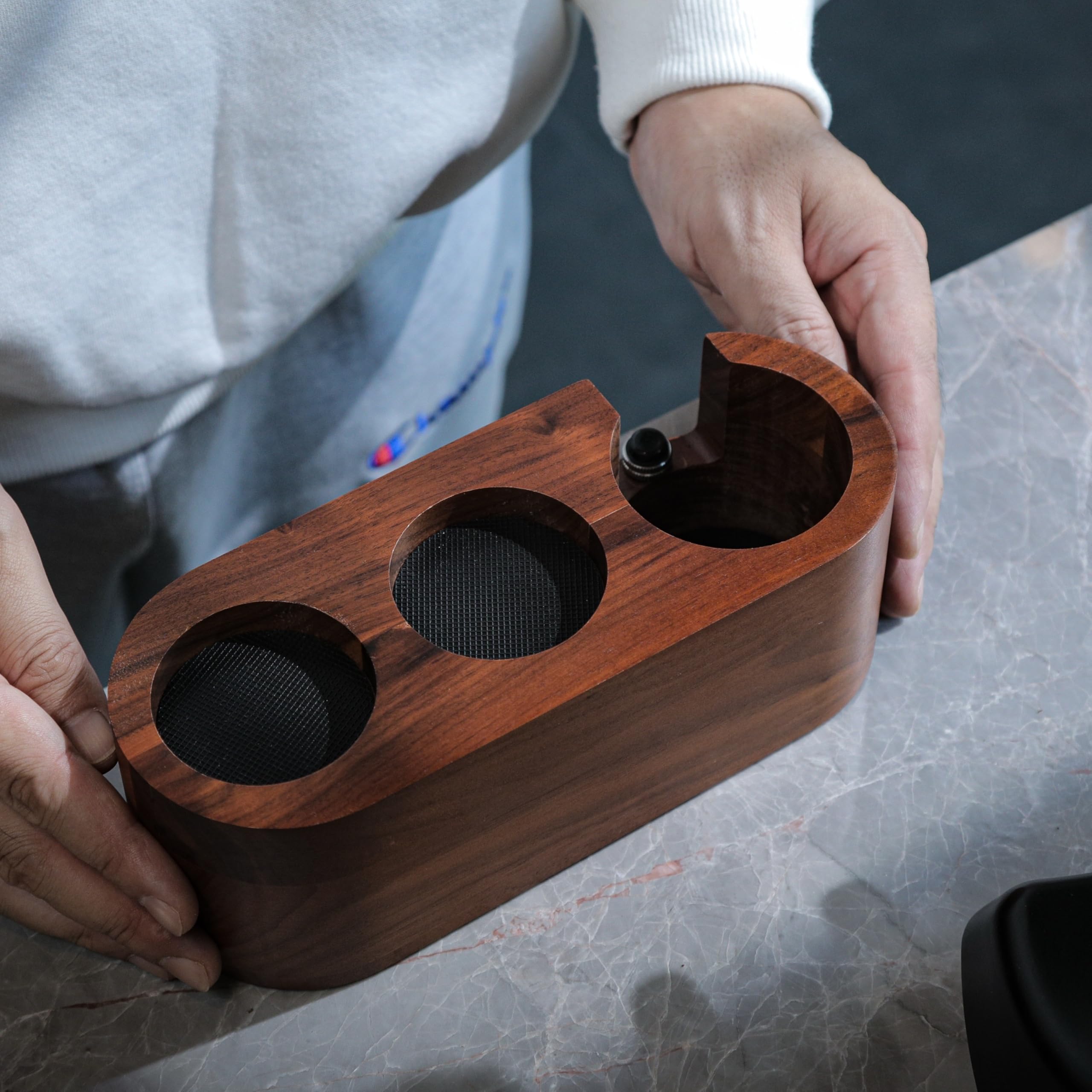 KNODOS rosewood portafilter holder keeps tools organized at hand