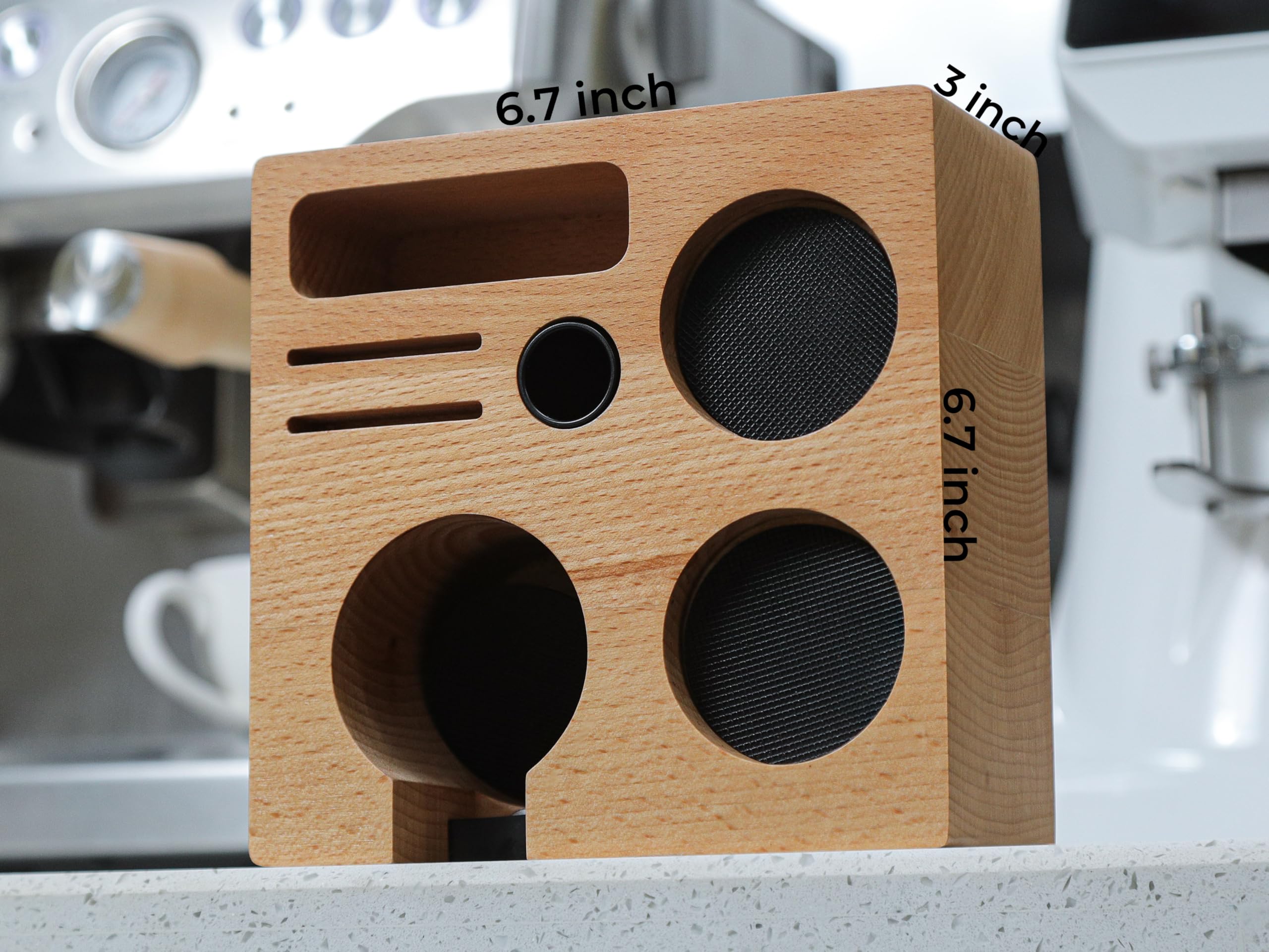 Detail of KNODOS 54mm beech wood finish for an elegant coffee corner