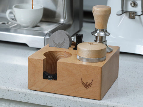 KNODOS 54mm tamping station on a clean counter in a compact setup