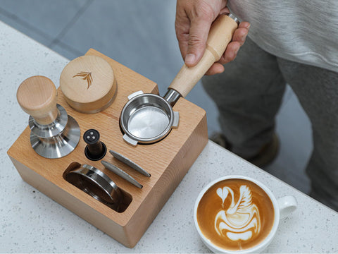 KNODOS tamping station 54mm open side showing tool slots for organized workflow