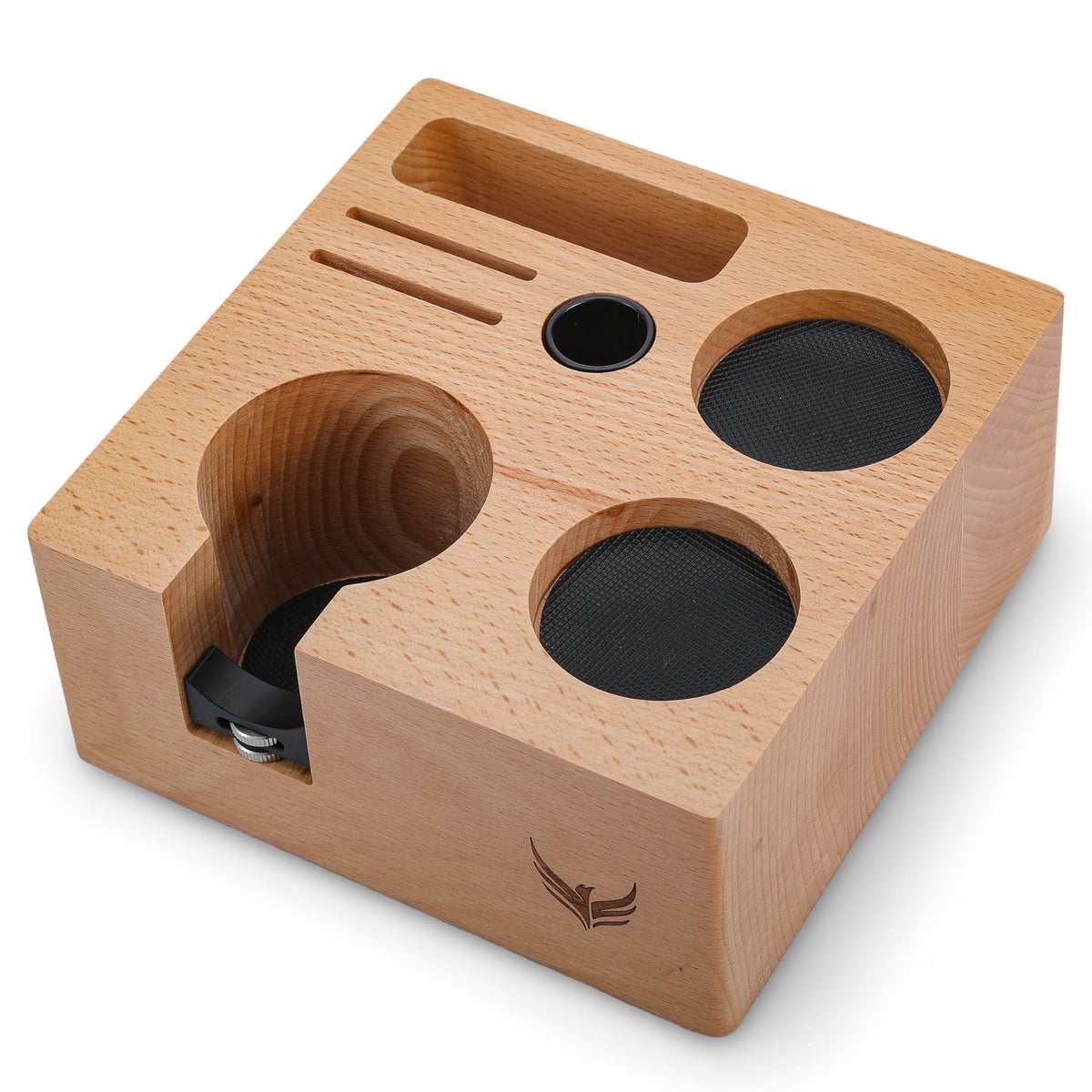KNODOS 54mm tamping station front view with organized tool slots for Breville users
