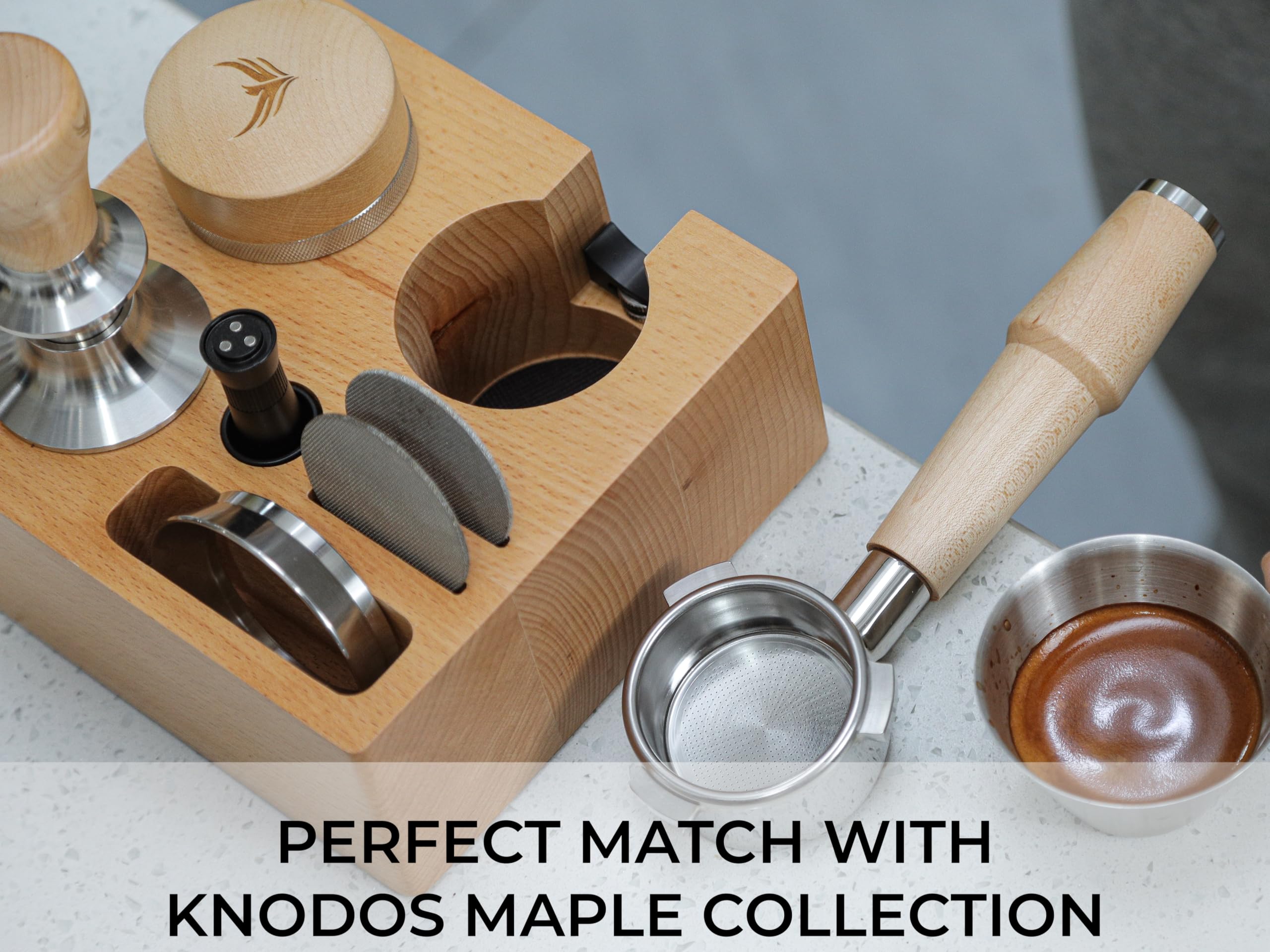 KNODOS 54mm station tool slots holding tamper, distributor, and funnel