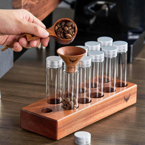 KNODOS wooden base for coffee tubes keeps display organized and stable