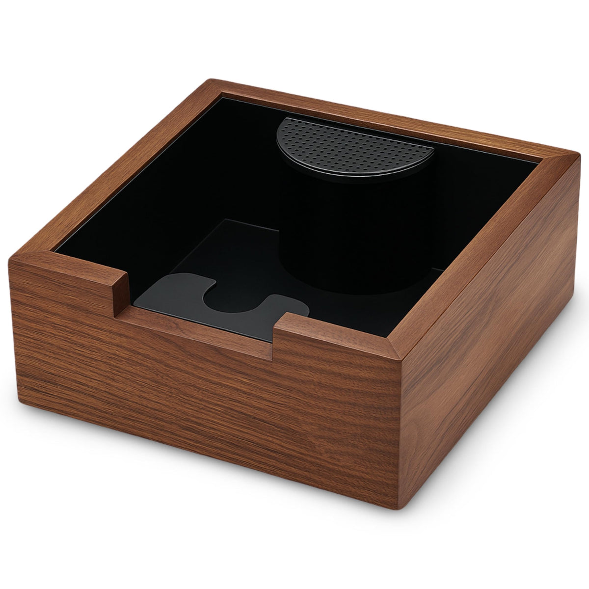 KNODOS wooden knock box front view in walnut finish for elegant coffee grounds disposal.