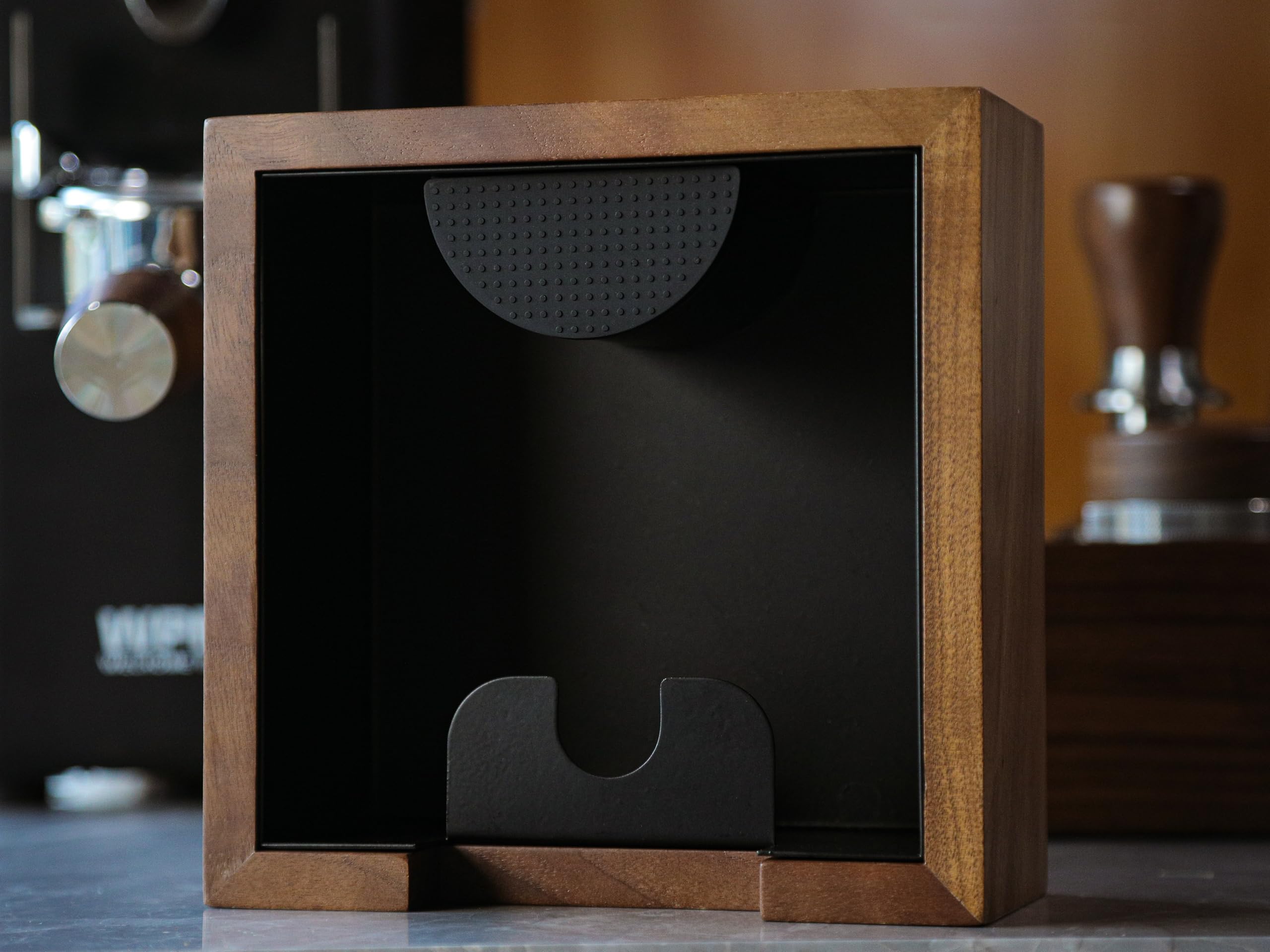 KNODOS wooden knock box side profile highlights compact design fits on small counters.