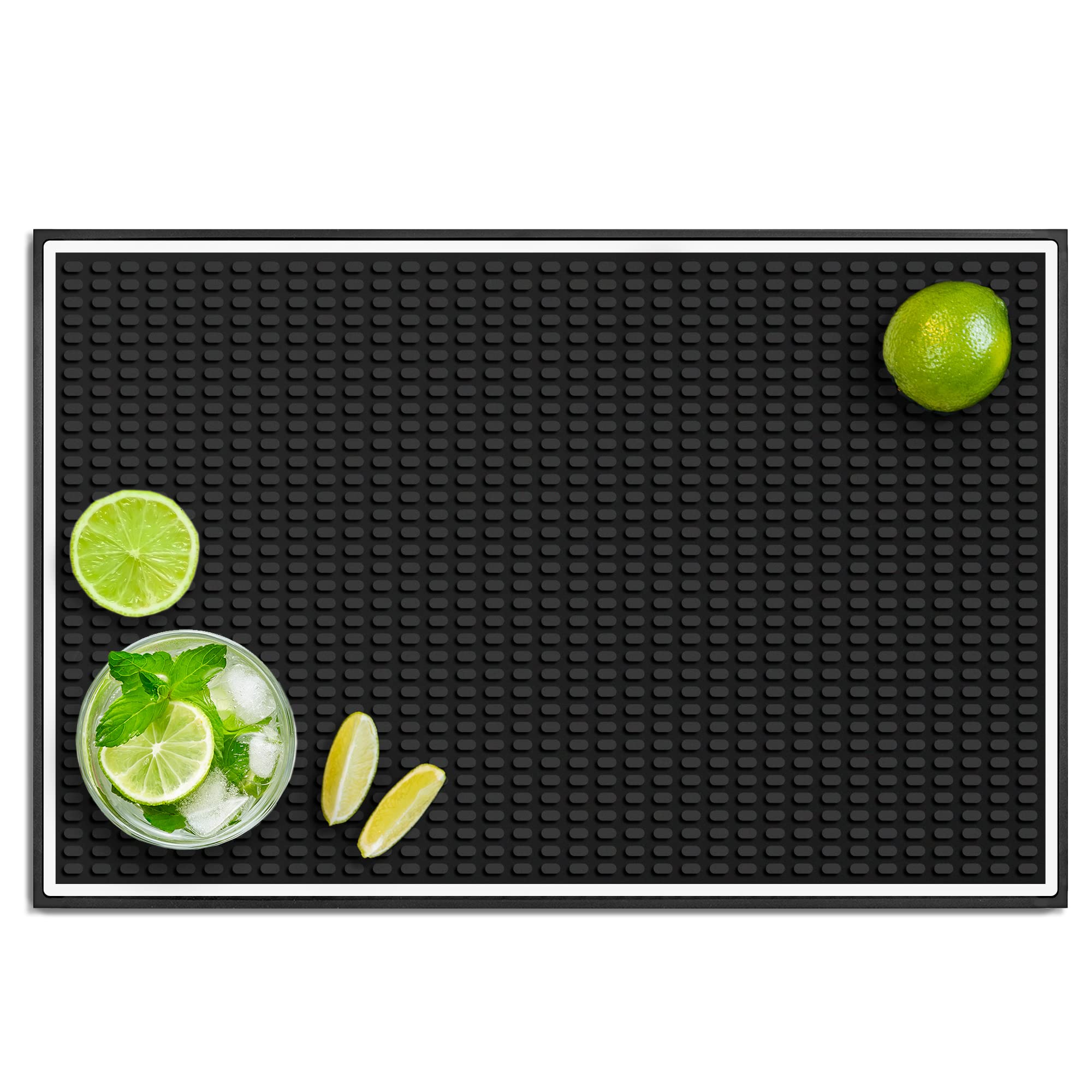 Knot and Style bar mat with white border protects countertops during drinks.