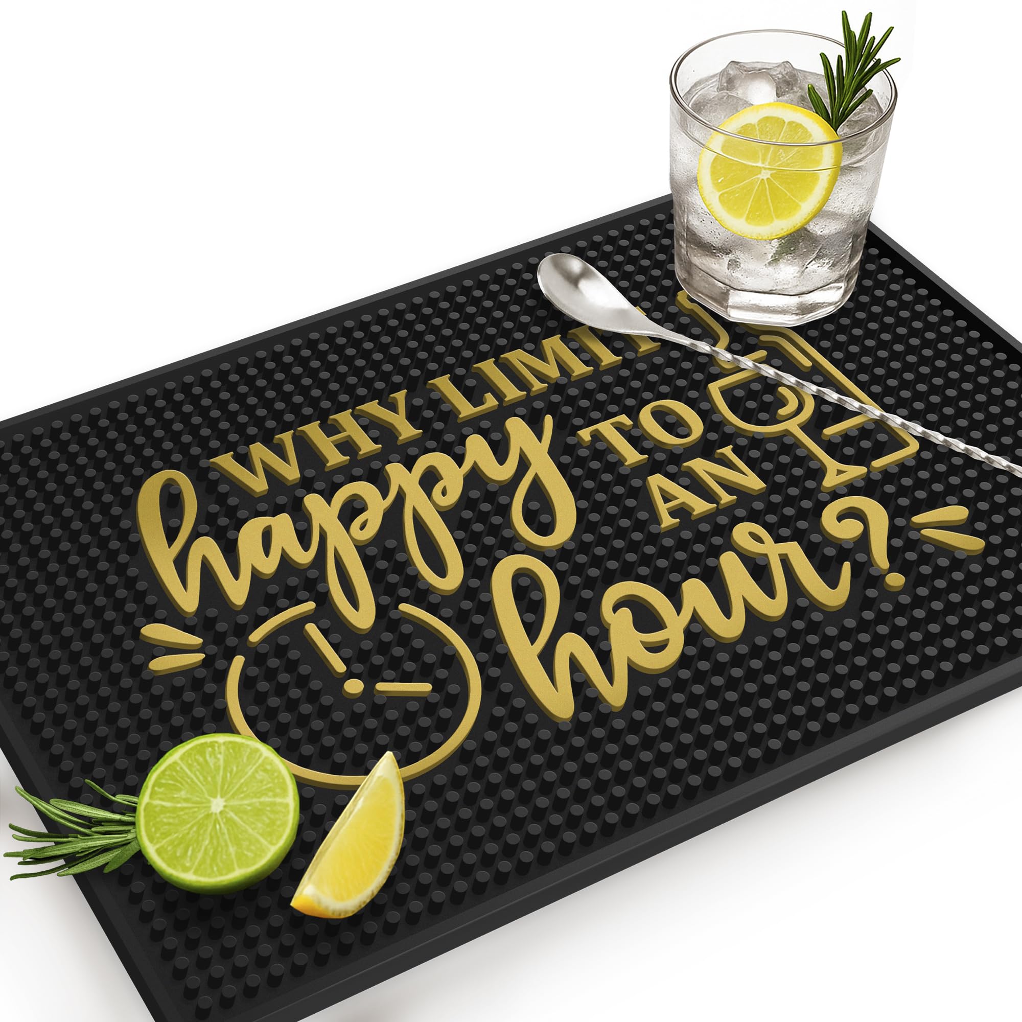 Knot and Style Why Limit Happy Hour bar mat top view shows playful countertop design