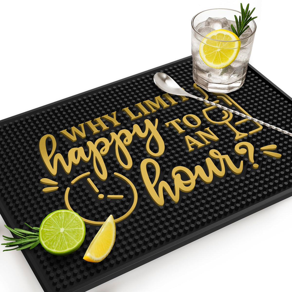 Knot and Style Why Limit Happy Hour bar mat top view shows playful countertop design