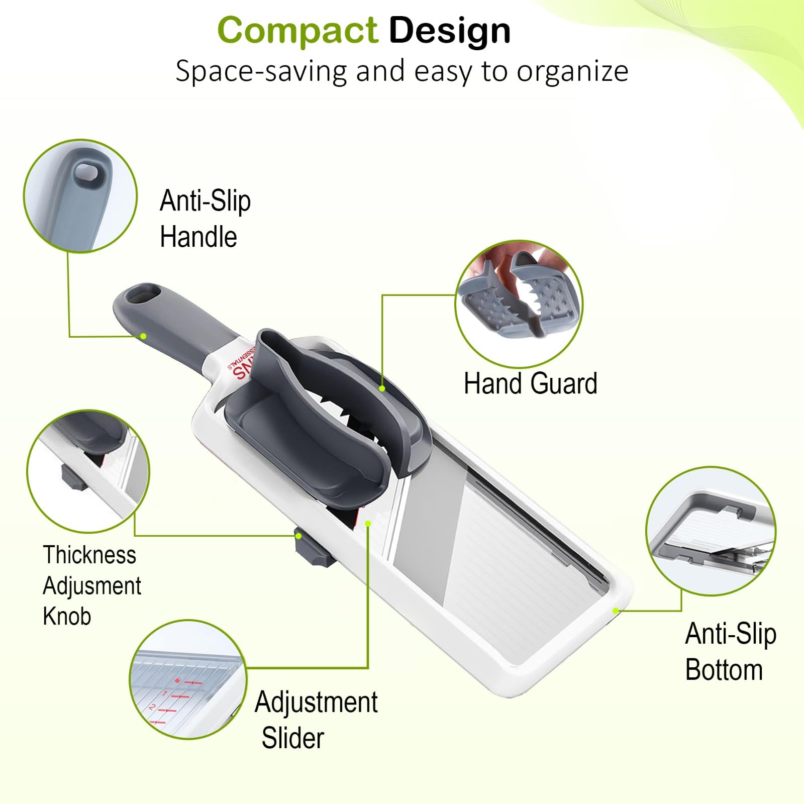 KNS ESSENTIALS Mandoline Slicer demonstrates 1mm thin slices for delicate salads.