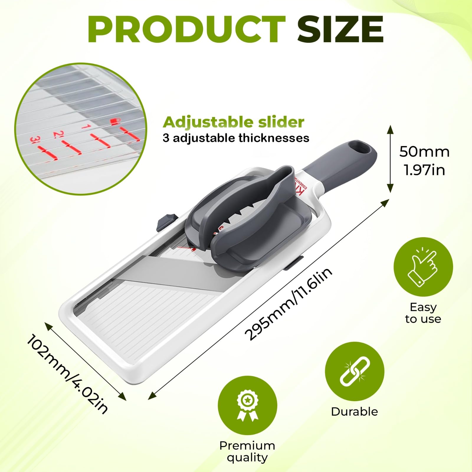 KNS ESSENTIALS Mandoline Slicer delivers 2.5mm thick, consistent slices.