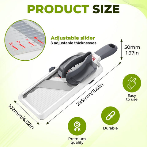 KNS ESSENTIALS Mandoline Slicer delivers 2.5mm thick, consistent slices.