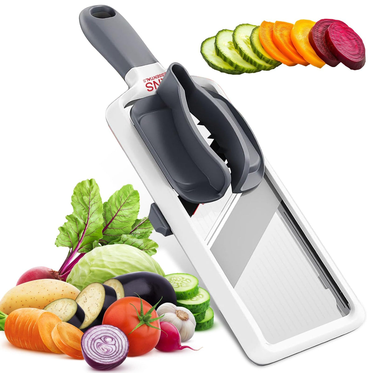 KNS ESSENTIALS Mandoline Slicer with comfort grip delivers precise, uniform slices.