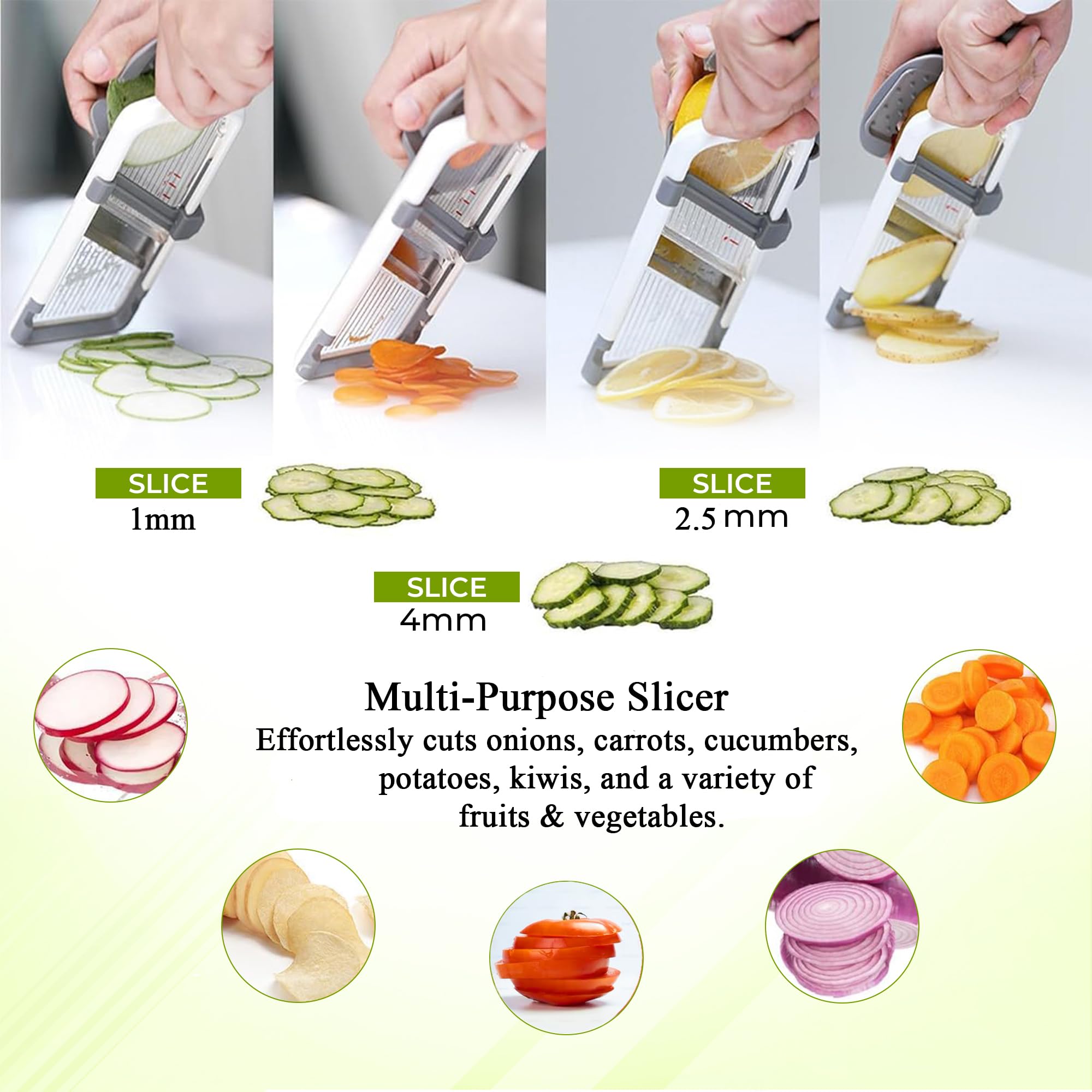 KNS ESSENTIALS Mandoline Slicer features a non-slip base for steady slicing.