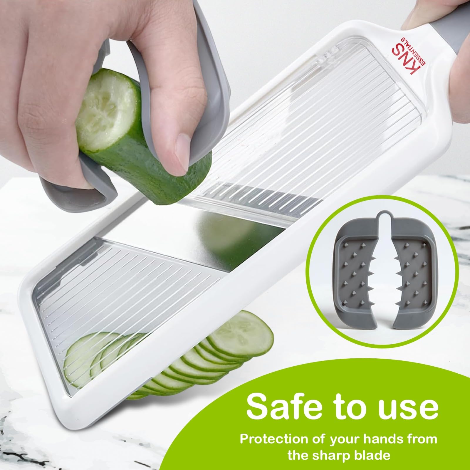 KNS ESSENTIALS Mandoline Slicer includes a safety hand guard for protection.