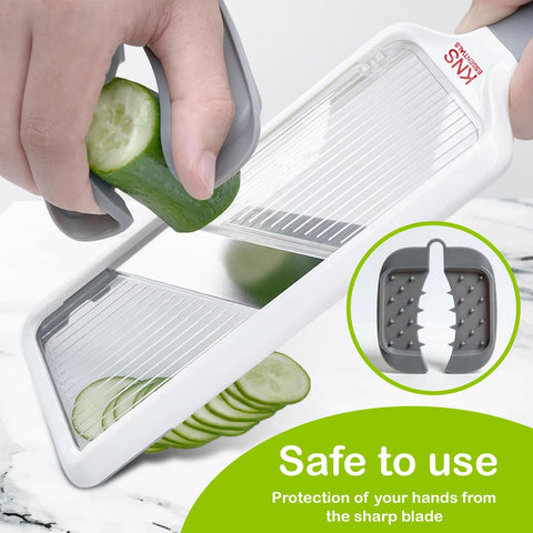 KNS ESSENTIALS Mandoline Slicer includes a safety hand guard for protection.