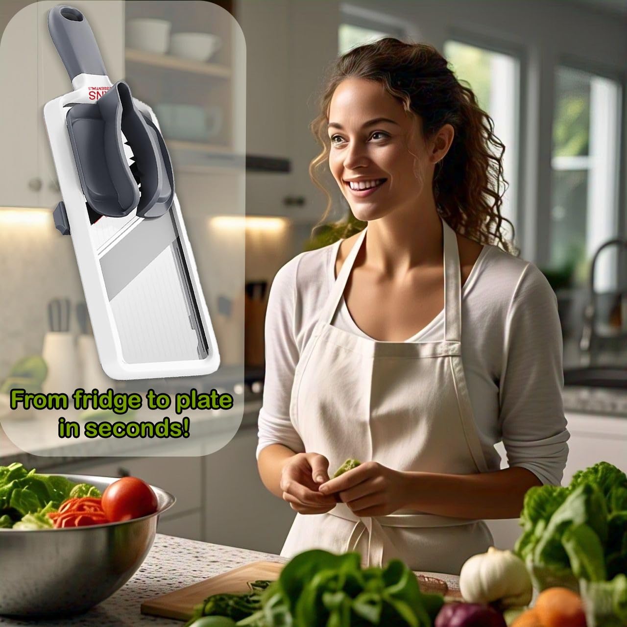 KNS ESSENTIALS Mandoline Slicer handles small to medium produce with ease.