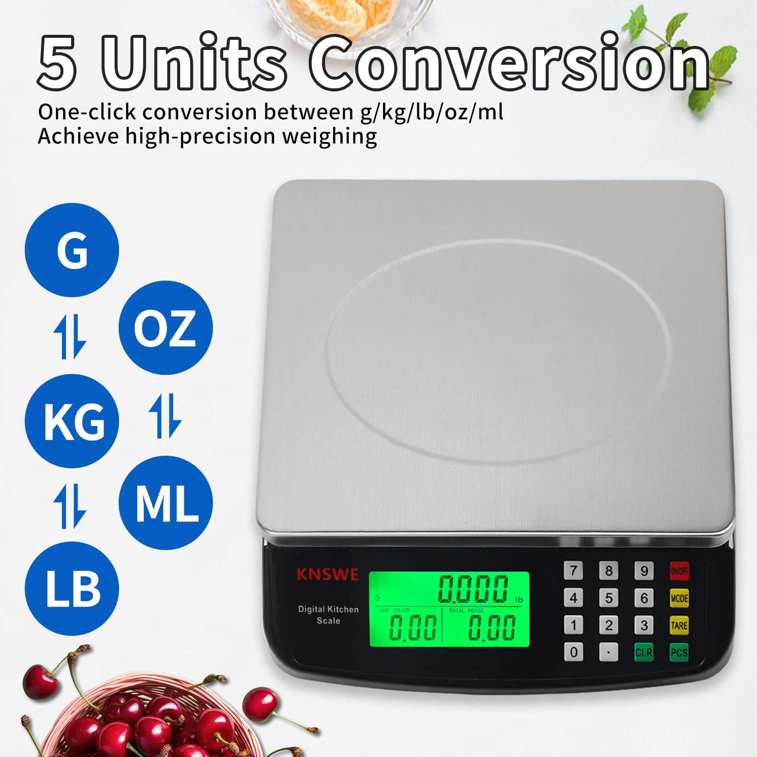 KNSWE Large Kitchen Scale stainless platform ensures easy cleaning and food contact.