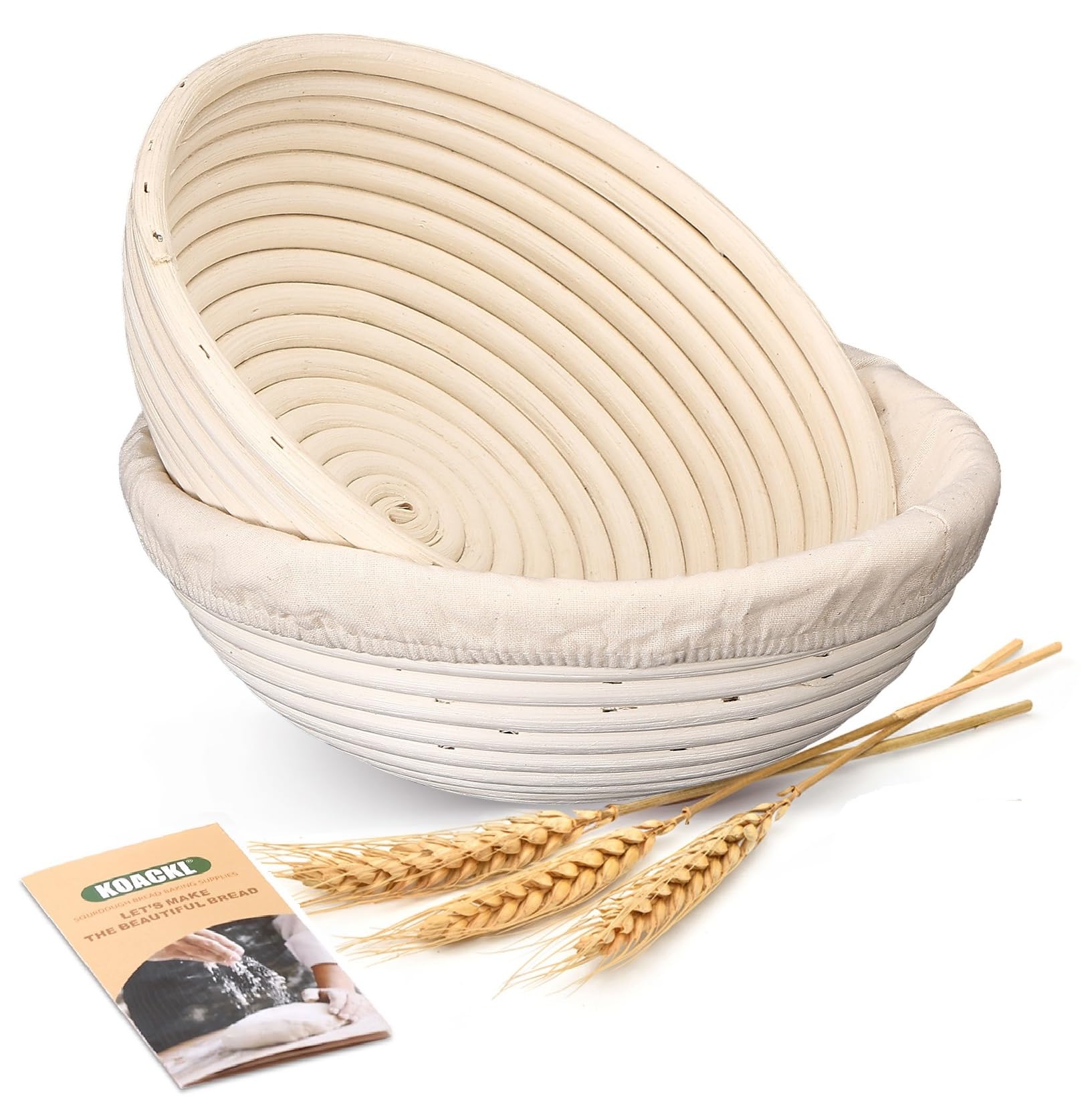 Koackl banneton round proofing basket with linen cover ready for dough rise.