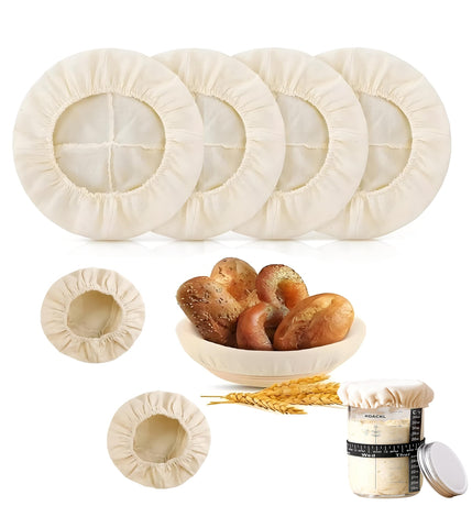 Koackl bread-proofing-cover 4-pack on a round banneton, promoting steady dough rise.
