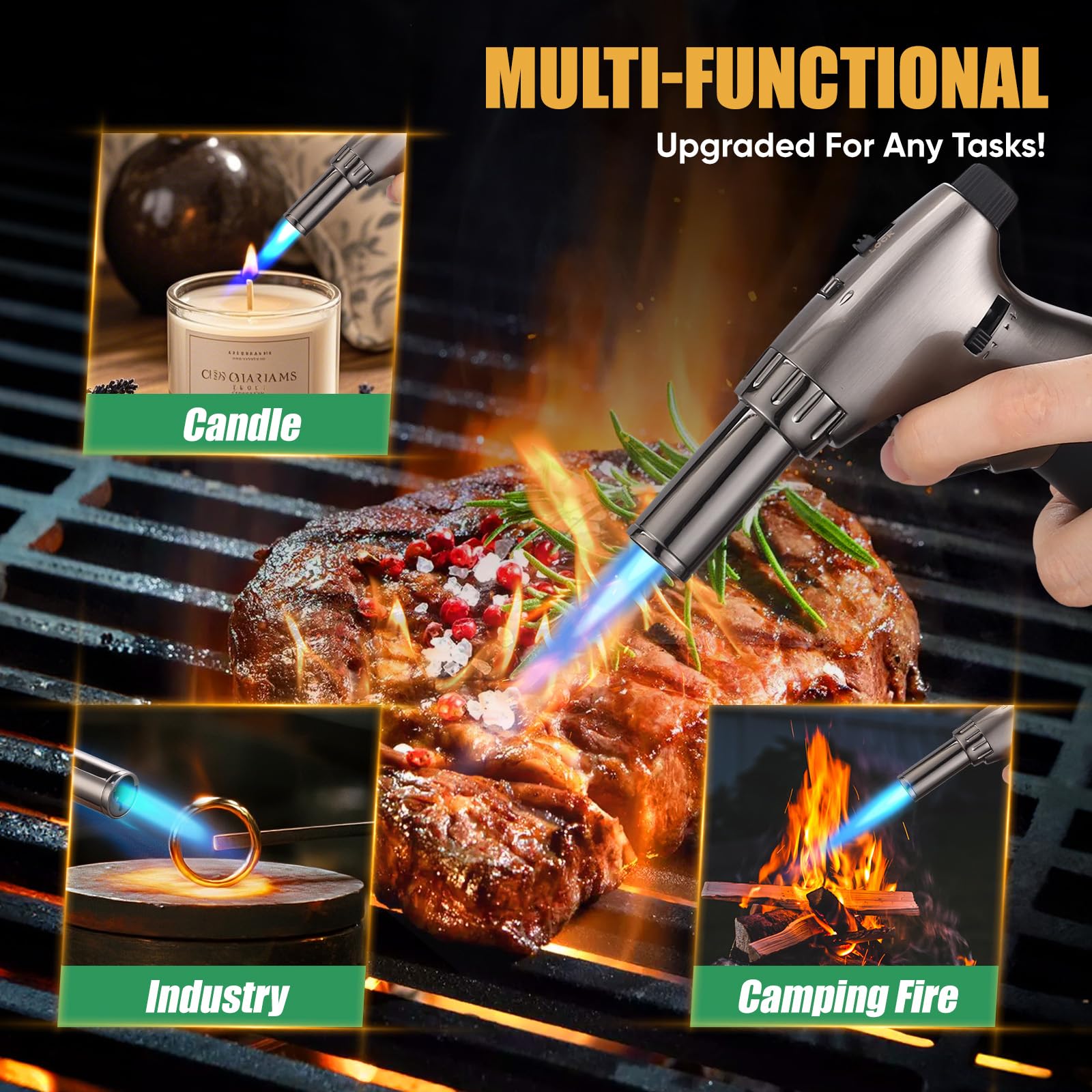 Koackl dual flame torch for crème brûlée caramelization with precise caramel edge.
