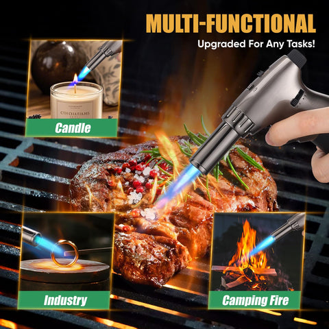 Koackl dual flame torch for crème brûlée caramelization with precise caramel edge.